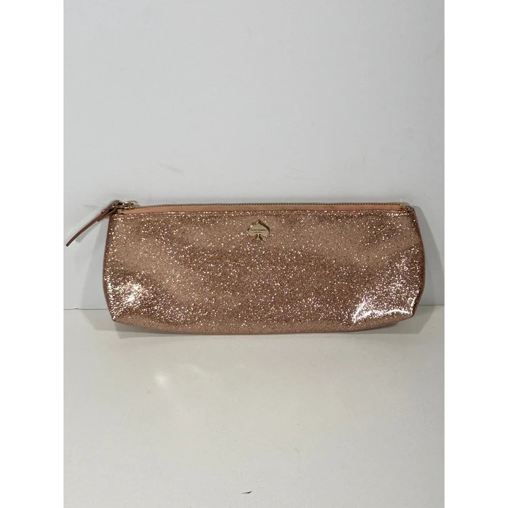 Kate Spade Rose Gold Glitter Zip Cosmetic Pouch Makeup Bag Polka Dot Lining